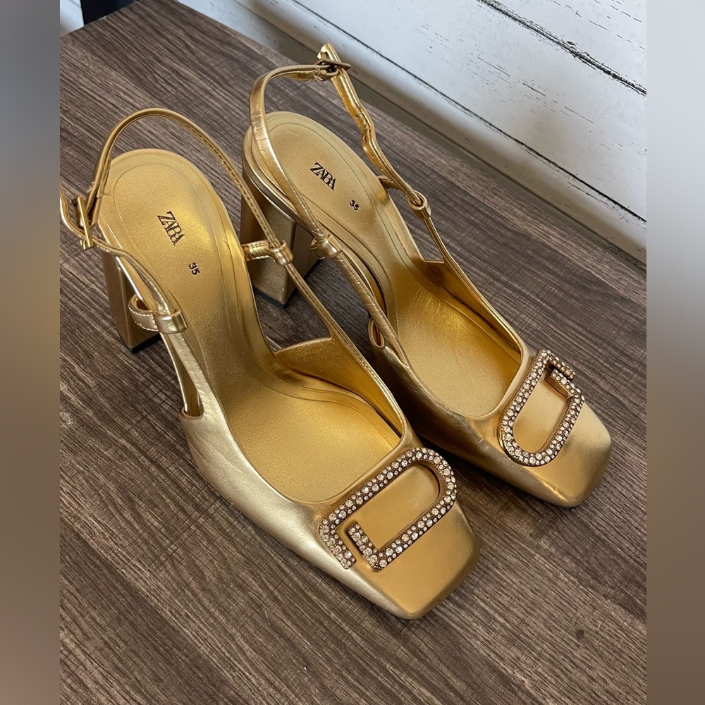 Zara Metallic Gold Slingback Block Heels with Crystal-Embellished Buckle